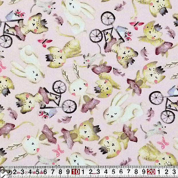 自転車のネコ、ウサギ、お花、小鳥 トス ピンク 110*75