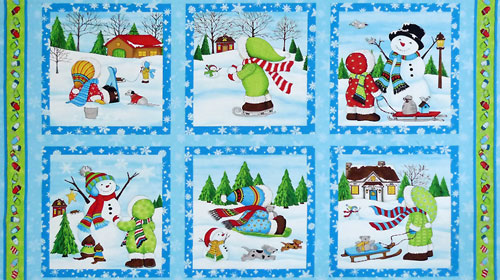 雪遊びの子供たち クリスマスピローパネル/ブルー 少し小さいハギレ