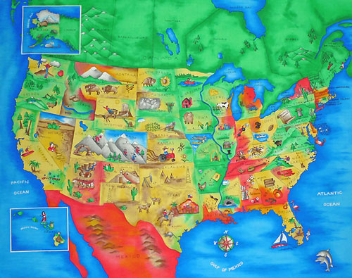 カラフルなアメリカの地図 パネル 110*90 汚れがあるハギレ