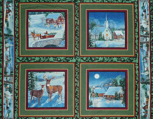 クリスマスの夜、シカ、ウマ橇、教会 ピローパネル ハギレ1