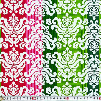 赤,ピンク,緑 カラフルなお花の紋章 ストライプ/ホワイト