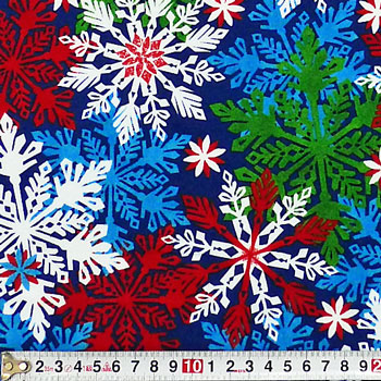 白,赤,緑,ブルー カラフルな雪の結晶 トス/ブルー 110*70