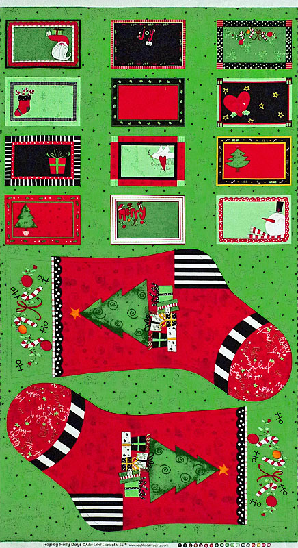 ツリーとプレゼント柄のクリスマスソックスとグリーティングカード パネル/レッド/グリーン 60*110