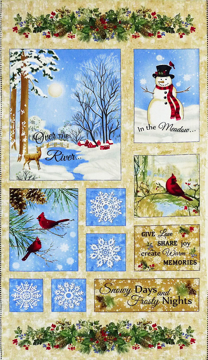 雪景色、スノーマン、カーディナル、雪の結晶 クリスマスパネル/ネル/ベージュ 少し小さいハギレ