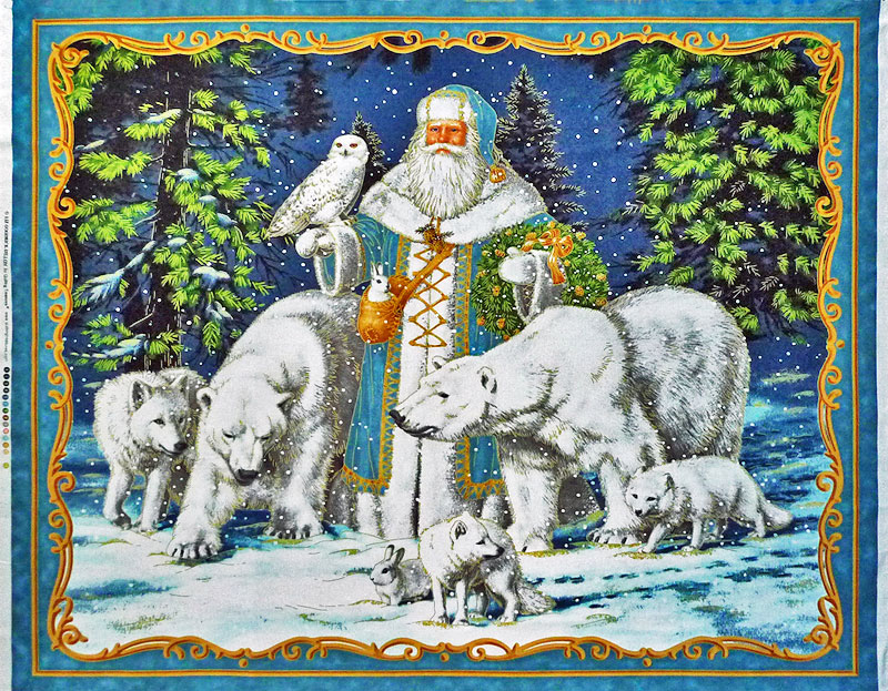 サンタとシロクマ、オオカミ シーニック/金ラメ/大きなクリスマスタペストリーパネル ホワイト/ブルー 少し小さめのハギレ