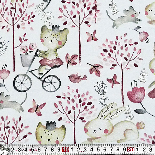 自転車のネコ、ウサギ、お花、小鳥 シーニック ホワイト