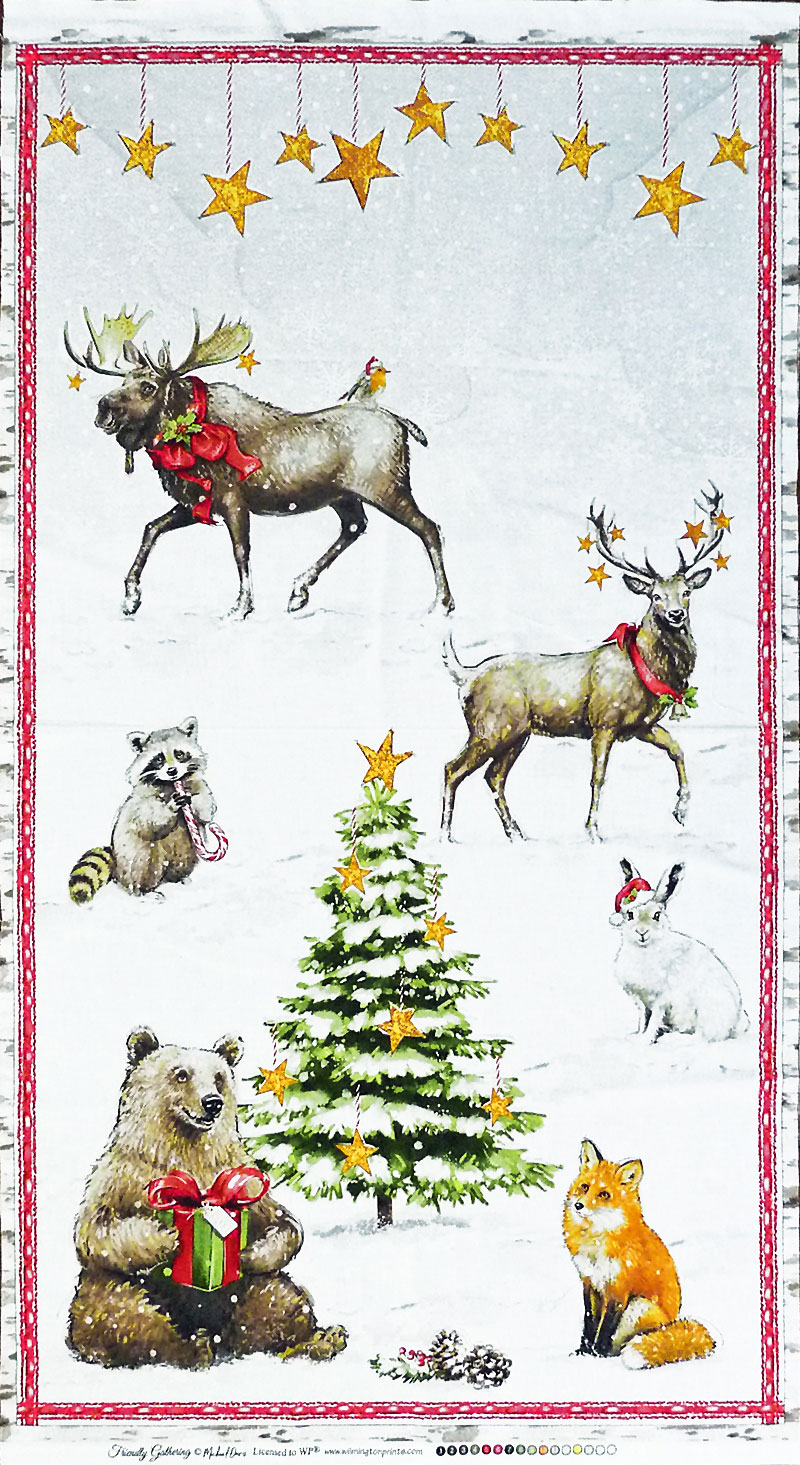星のオーナメントのツリーとトナカイ、ウサギ、クマたち クリスマス・タペストリー/ホワイト 62*110