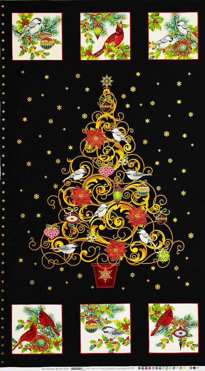 クリスマス・ツリーと小鳥 金ラメ・ブラック/クリスマス・タペストリー・パネル 少し小さいハギレ