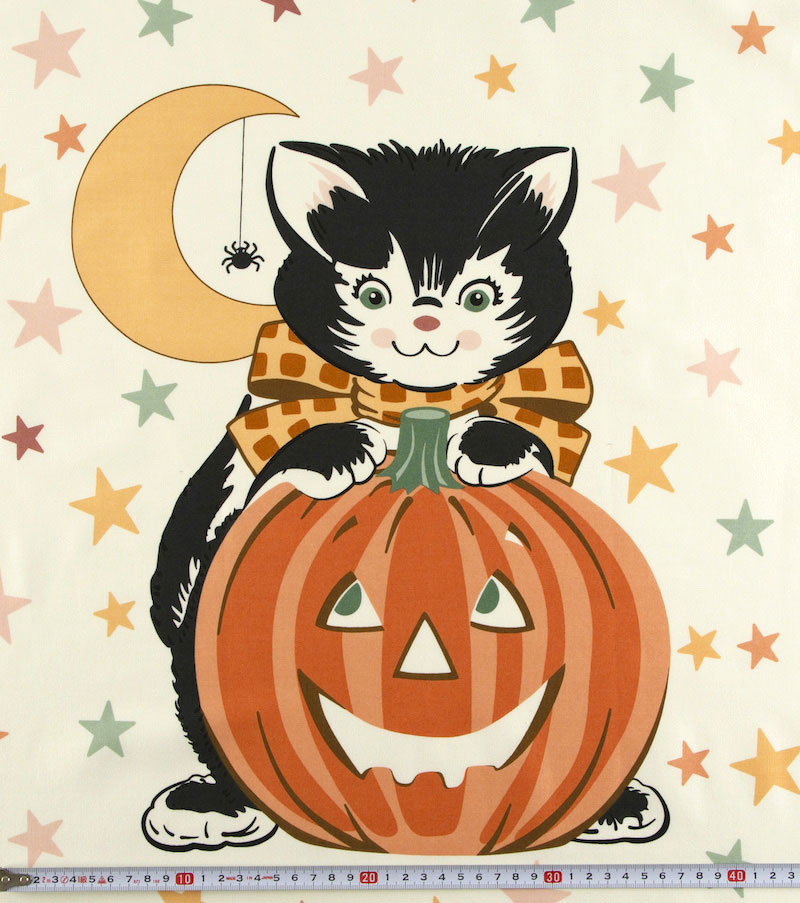 Fairy Cotton / 可愛い黒ネコとかぼちゃランタン 三日月、星 
