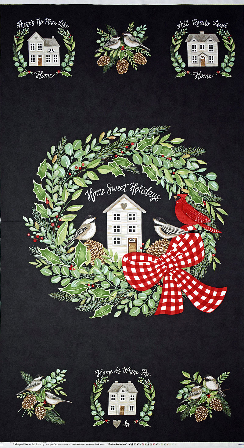 小鳥、松ぼっくり、柊、ヤドリギ、赤白チェックのリボンのリース クリスマス・パネル/ブラック 61*110