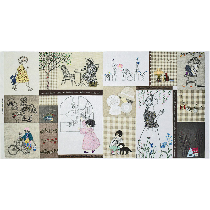 刺繍、アップリケ風の女の子 パネル/グレー・クリーム 110*58